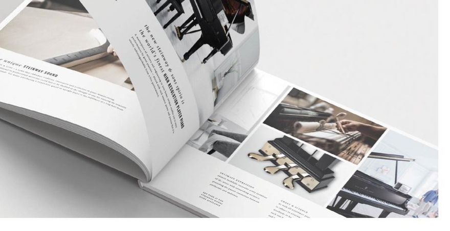 Steinway piano brochure spread with photography
